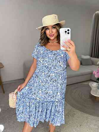 Жіноче легке принтоване плаття батал штапель Блакитний, 54 Одеса