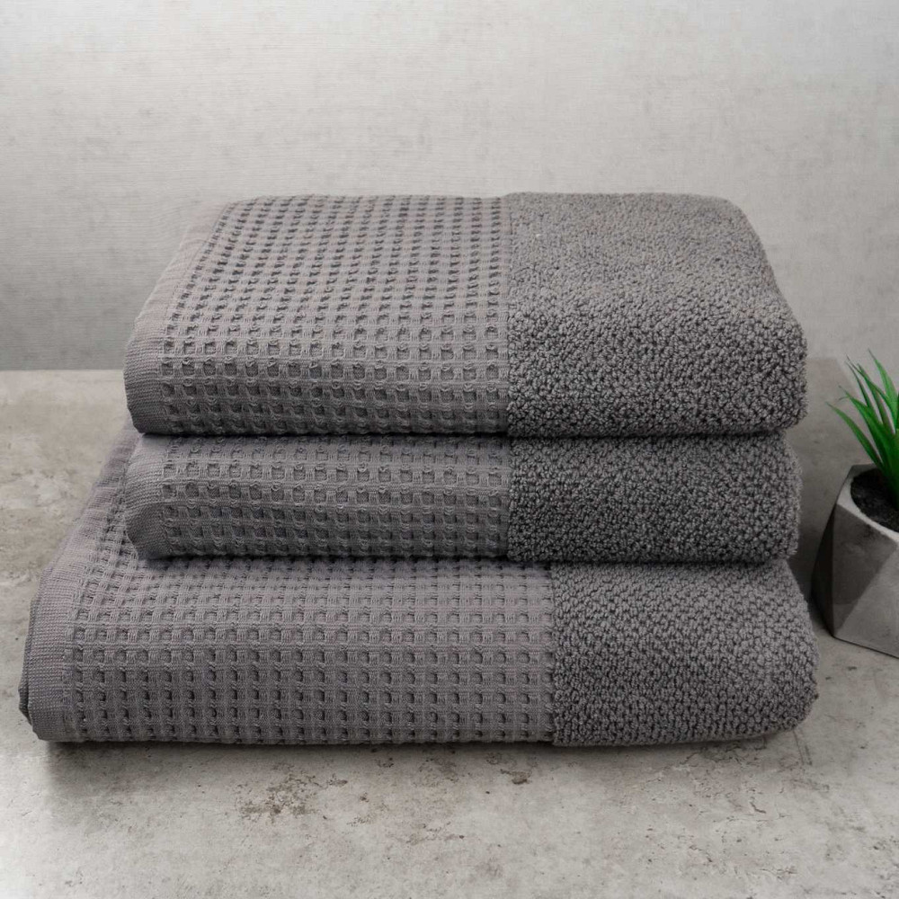 Комплект махрових рушників Вафельний Бордюр 3шт GM Textile 50х90см, 50х90см, 70х140см 500г/м2 (Сірий) Суми - фото 1