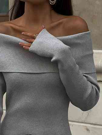 Женское элегантное платье с открытыми плечами турецкая ангора рубчик Серый, 46/48 Одесса