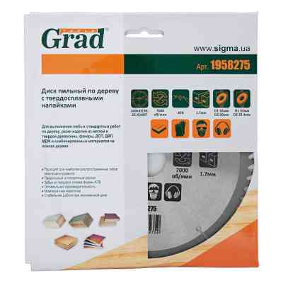 Диск пильный Grad по дереву с твердосплавными напайками Ø200×32(30;25.4)×60Т, 7000об/мин (1958275) Винница