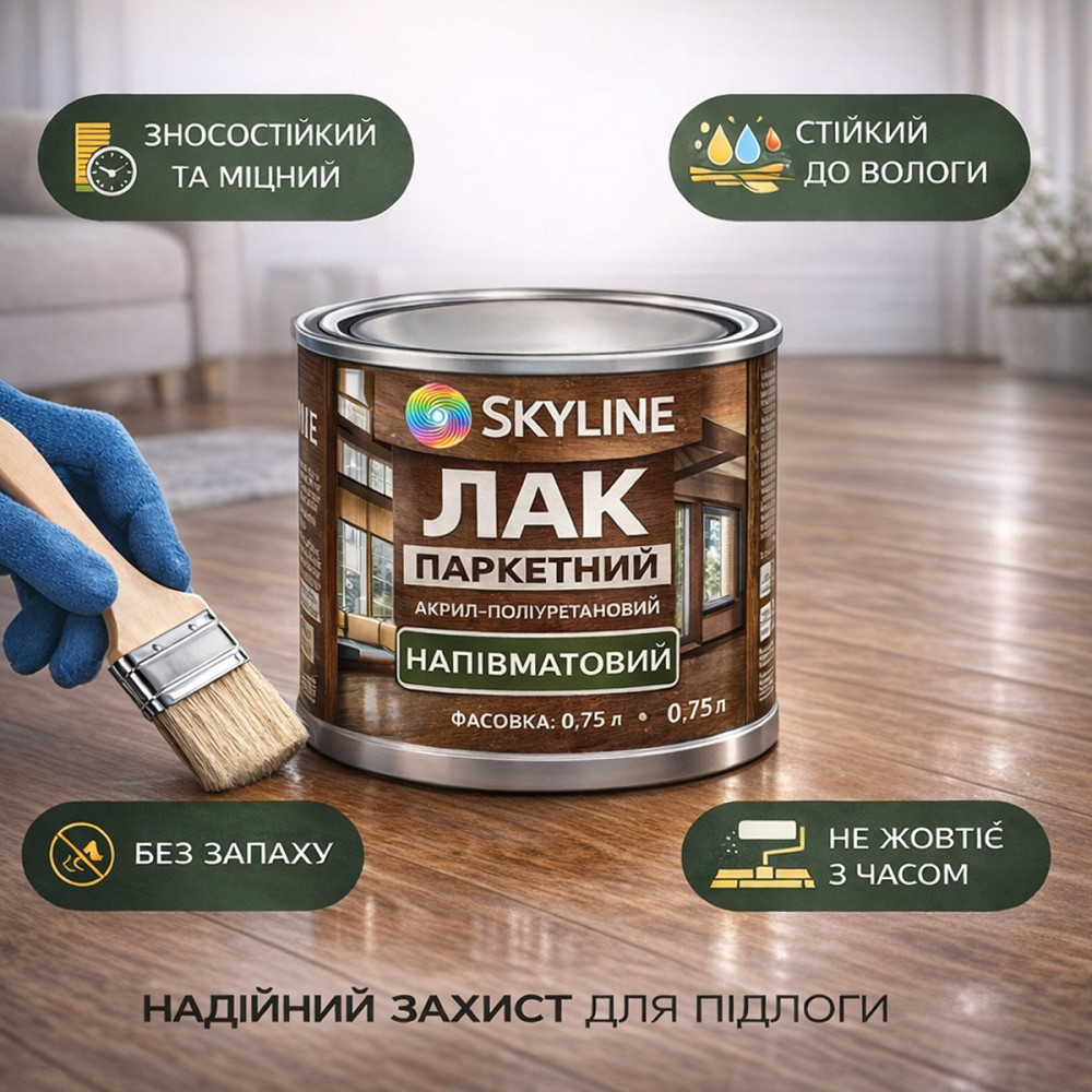 Лак для підлоги напівматовий Skyline паркетний, акрил-поліуретановий, водний, зносостійкий, без запаху, 750 мл Харків - фото 2