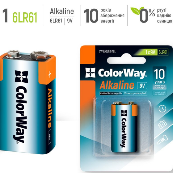 Батарейка лужна 9V/6LR61 (бл-1шт) ColorWay Житомир