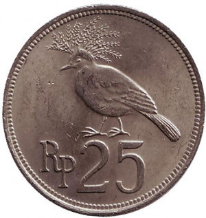 Веероносный венценосный голубь. Монета 25 рупий. 1971 год, Индонезия.(БП) Полтава - изображение 1