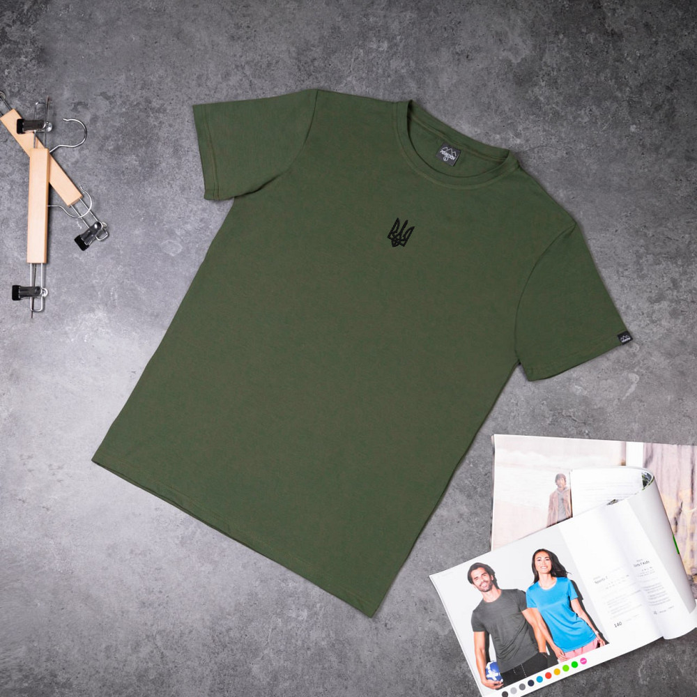 Футболка чоловіча однотонна хакі Pobedov Peremoga - Герб чорна вишивка Київ - фото 1