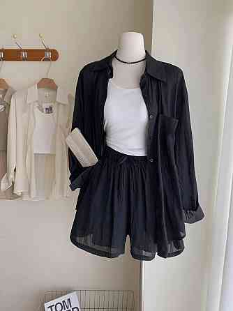 Женский базовый летний костюм двойка: рубашка и шорты креп жатка 42/44, Черный Одесса