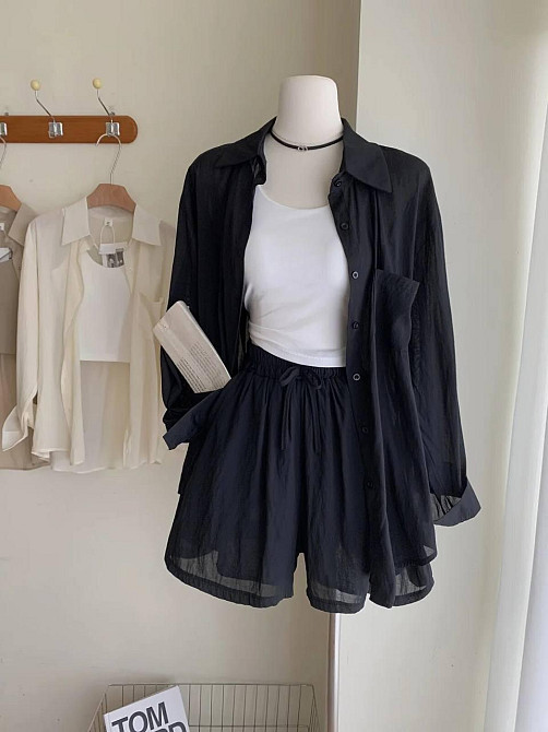 Жіночий базовий літній костюм: сорочка та шорти креп жатка Чорний, 42/44 Одеса - фото 1