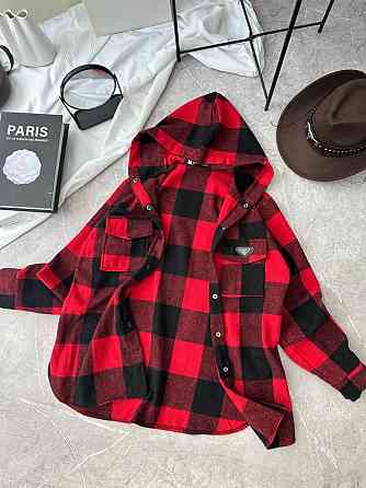 Женская повседневная оверсайз рубашка в клетку с капюшоном турецкий кашемир Красный, 48/52 Одесса
