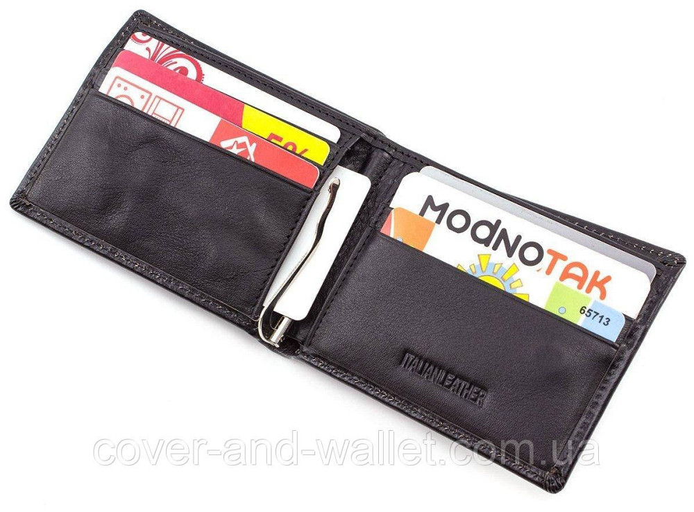 Маленький мужской кошелек c зажимом на магнитах из гладкой кожи ST Leather Черный Киев - изображение 4