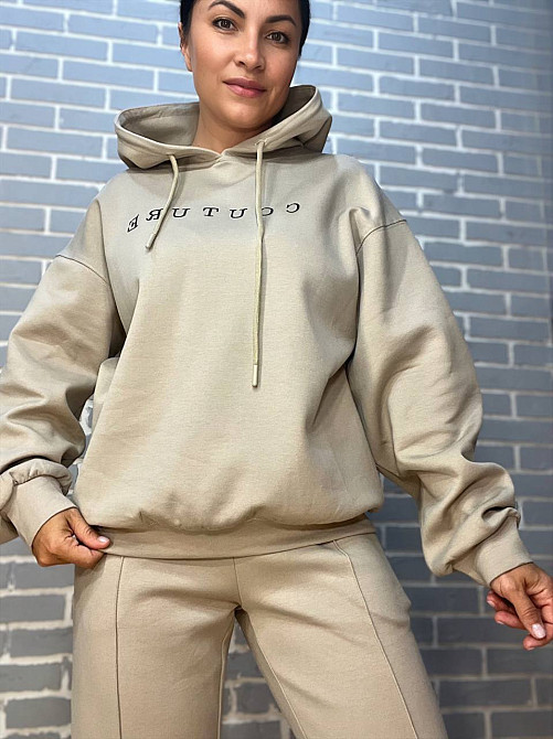 Костюм женский A-N 2742 худые с капюшоном брюки вышивка на резинке со швом - стрелкой бежевый, бежевый, L Киев - изображение 5