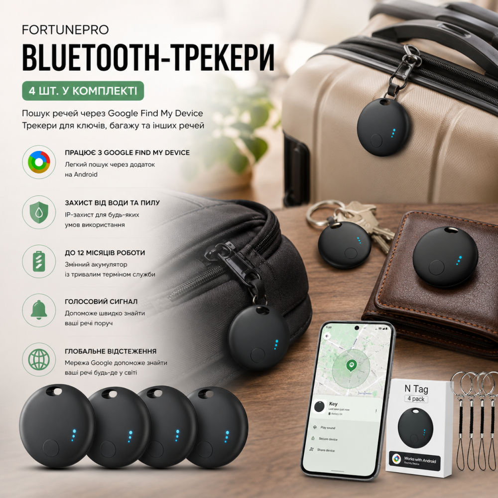 Комплект Bluetooth-трекерів Fortunepro (4 шт.) для Android: Пошук ключів та багажу через Google Find My Device, IP-захист, Black Київ - фото 1