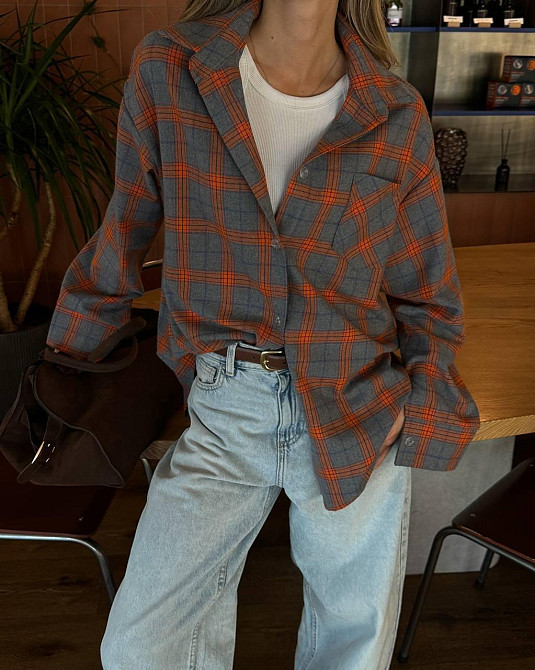 Жіноча трендова сорочка оверсайз у клітинку фланель Помаранчевий Одеса - фото 11