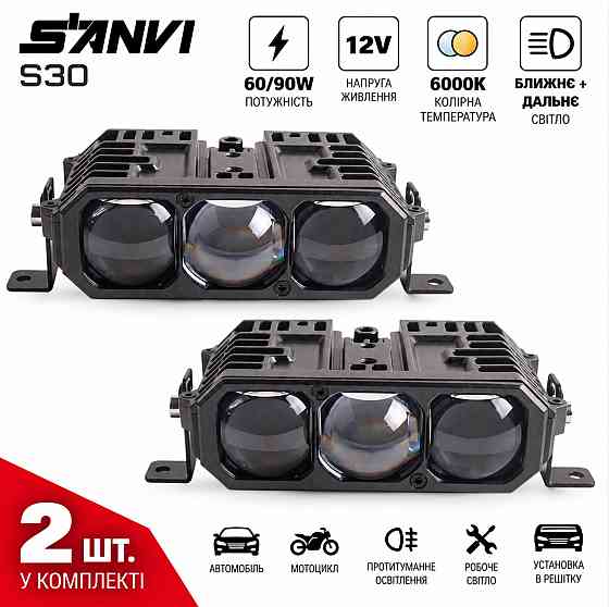 Комплект Bi-LED модулів Sanvi S30 60/90W 6000K 12V — ближнє + дальнє світло, 2 шт Харків