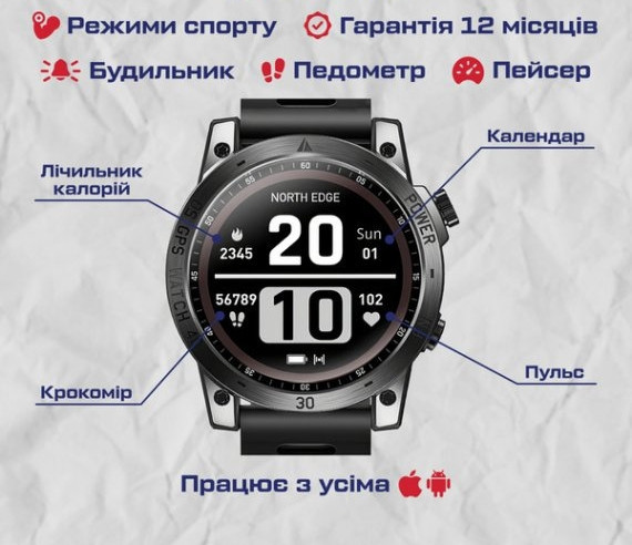 Мужские наручные умные часы North Edge CrossFit GPS с компасом (Black) Винница - изображение 9