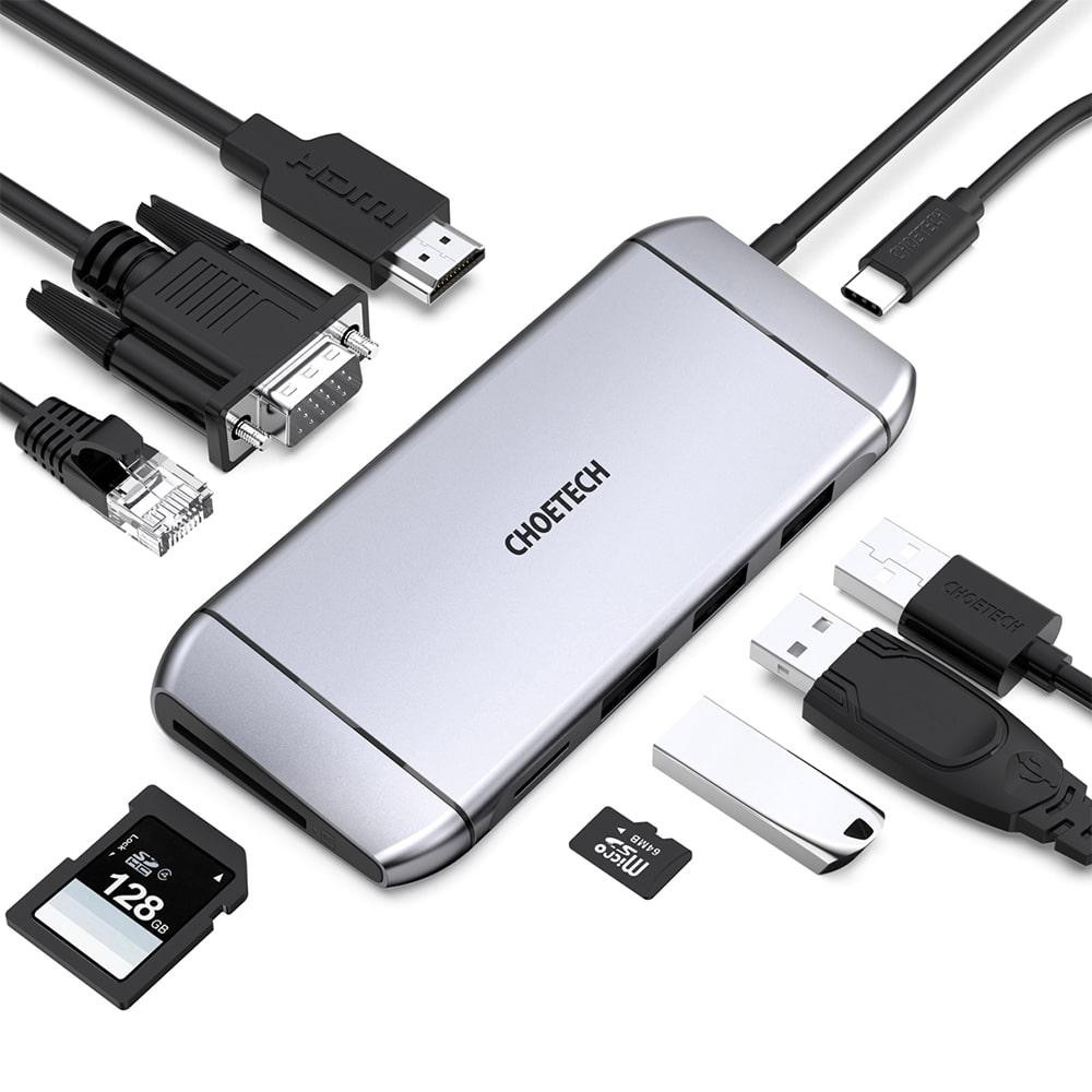 USB-C хаб 9-в-1 Choetech M15 HDMI 4K@30Hz, VGA, 3 USB3.0, RJ45, USB-C PD, SD-card, TF-card (43-00153) Киев - изображение 12