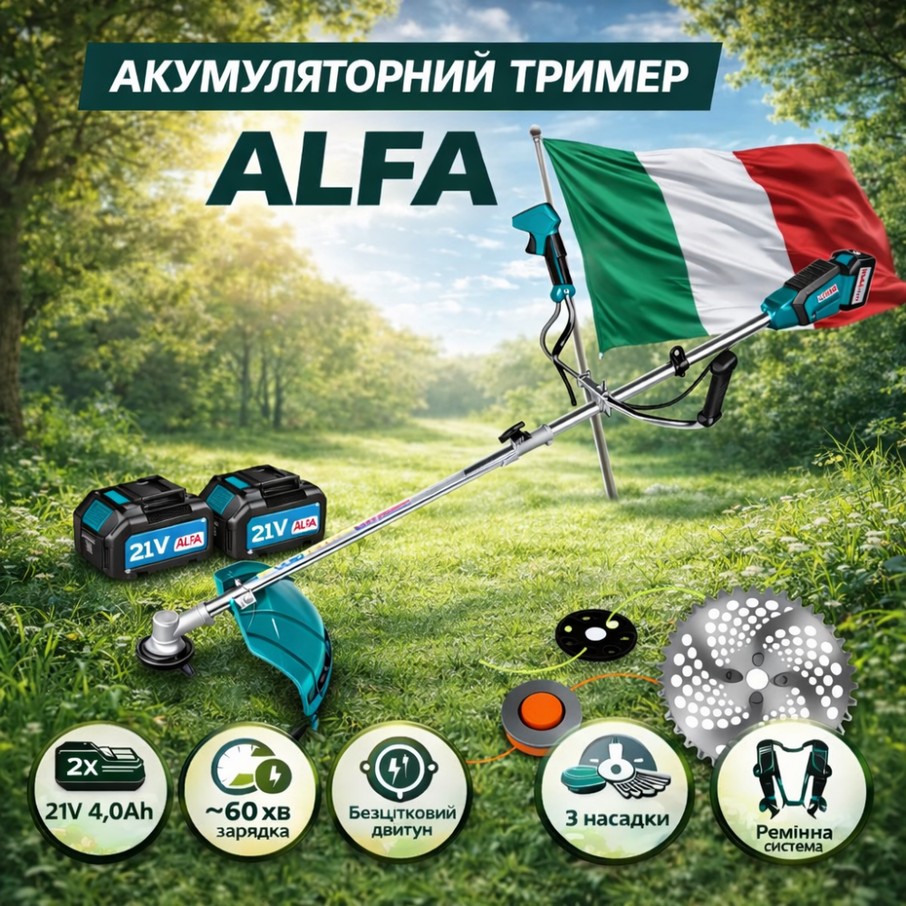 Тример Акумуляторний для трави AL-FA ALCGTBH-21V 21V 4.0Ah безщітковий двигун,Коса акумуляторна з диском 255 мм + 3 насадки Львів - фото 1