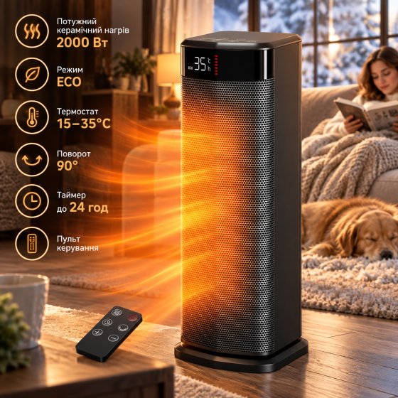 Керамічний обігрівач QEXREED 2000 Вт PTC, ECO, термостат 15–35°C, поворот 90°, пульт, таймер 24 год Київ
