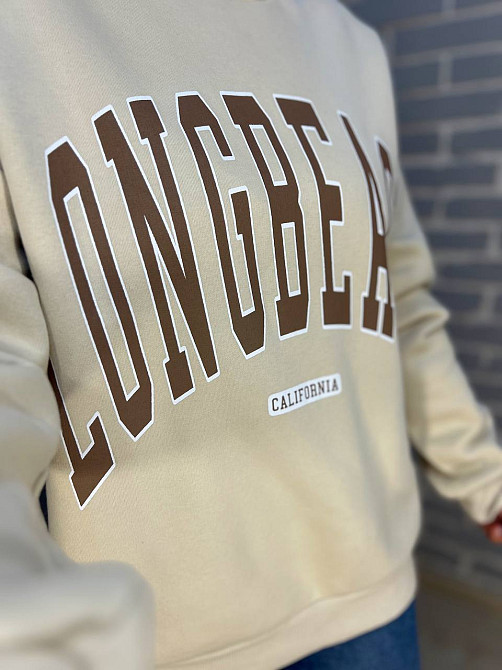 Свитшот женский Quzen 488 надпись впереди long beach флис утепленный светло бежевый, світло-бежевый, Одесса - изображение 8