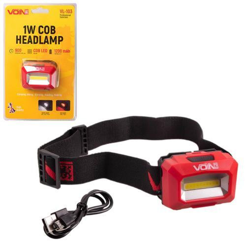 Налобный фонарь VOIN VL-103 с 1W COB светодиодом (W/R), аккумулятор 1200mAh, регулируемый наклон Харьков - изображение 1