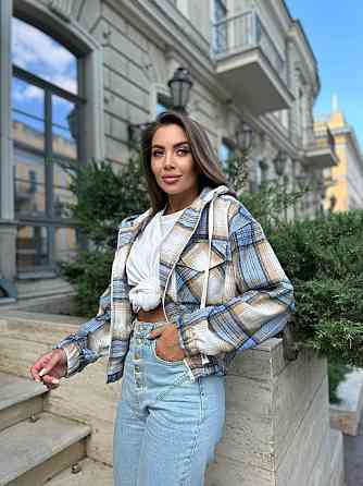 Жіноча кофта в клітинку на блискавці з капюшоном котон Блакитний, 46/48 Одеса