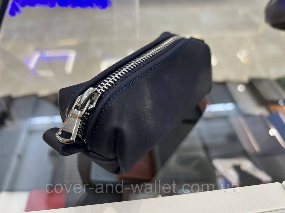 Містка ключниця бочка на блискавці з м'якої шкіри синього кольору PS Leather Київ - фото 4