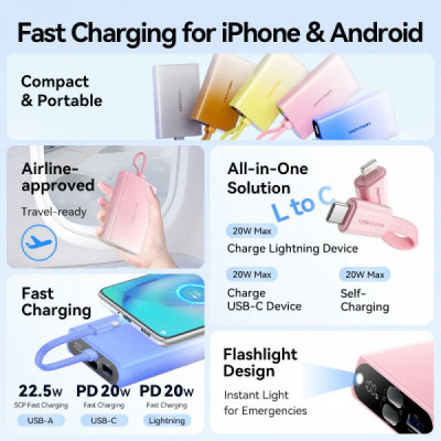 Батарея универсальная VENTION 10000mAh 22,5W PD, USB-A, USB-C In/Out, Lightning In/Out, LED display, Yellow (FHZY0) Винница - изображение 4