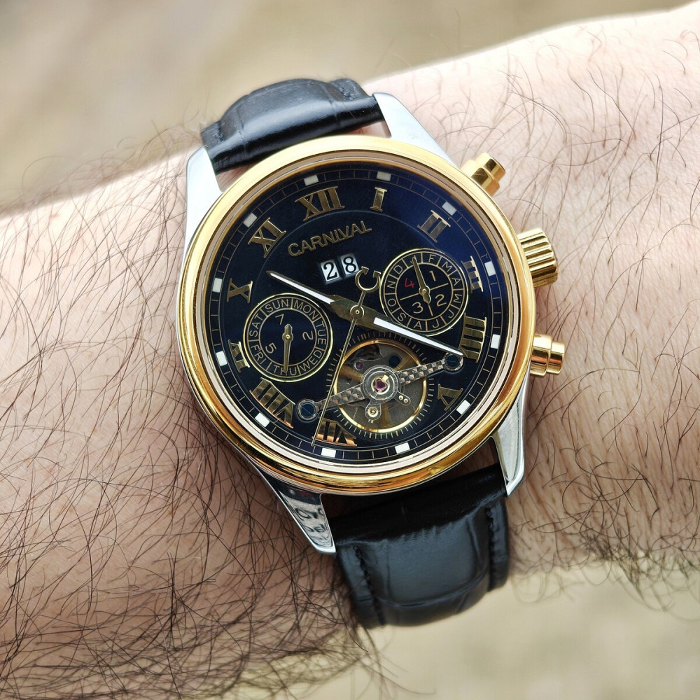 Годинник чоловічий механічний Carnival Sapppfire Silver Leather Deluxe (2 ремінці) Київ - фото 8