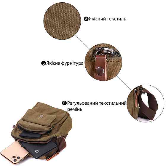 Интересная небольшая мужская сумка из плотного текстиля Vintage 22219 Оливковый Киев