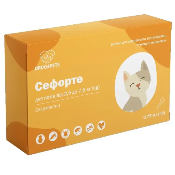 Капли от блох и клещей Сефорте для кошек весом от 2.5 до 7.5 кг (0.75 мл 1 пипетка) Винница