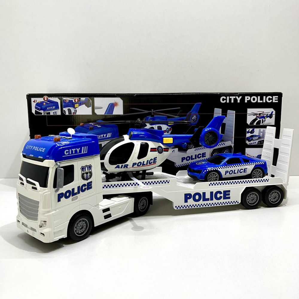 Трейлер Поліцейська машина звуки підсвічування інерція гумові шини машинка вертоліт Синій (666-66 F) Чернігів - фото 5