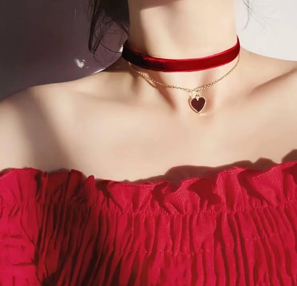 Чокер красный бархатный с подвеской сердце двойная цепочка женское ожерелье Киев - изображение 3