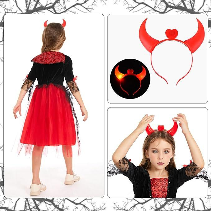 Костюм платье вампира чёртика для девочек красное, комплект на Хэллоуин обруч с рожками наклейки на 105-115 см Киев - изображение 2