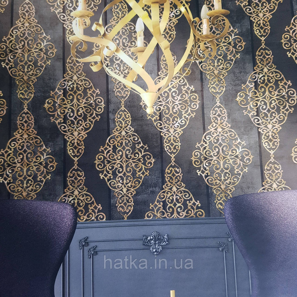 Шпалери метрові вінілові на флізелін 24 Carati Cristiana Masi вензель великий структурний золотом на чорному Київ - фото 1