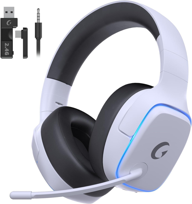 Игровые наушники Gvyugke беспроводные 2.4 ГГц Bluetooth 5.3, 7.1, 50 мм, 70 ч, микрофон, LED, для PS5 PS4 ПК Switch, белые Киев - изображение 2