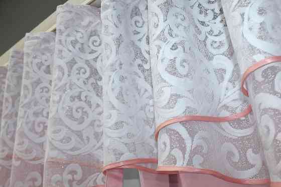 Кухонные шторы VR-Textil № 091к с ламбрекеном и подвязками розовый с белым 270х170 см (52-0838) Киев