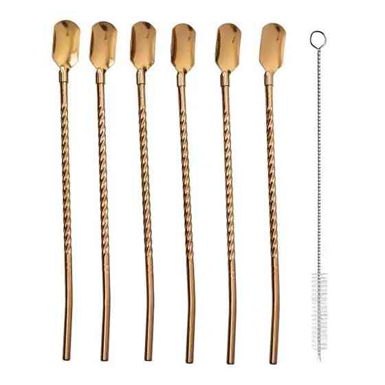 Набір багаторазових ложок-трубочок 6 шт для напоїв 22 см зі щіткою для миття з нержавіючої сталі Бронзовий HP-20-20 Коломия