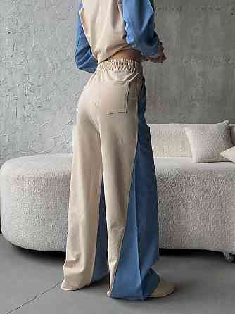 Жіночий ефектний комбінований костюм-двійка: кофта та штани джинс-котон + турецька двонитка Блакитний, 46/48 Одеса