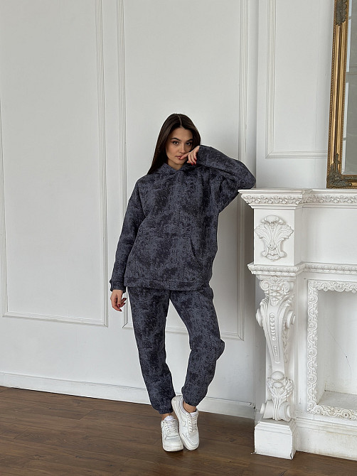 Теплый костюм женский мраморный принт на флисе Графитовый L-XL Харьков - изображение 1