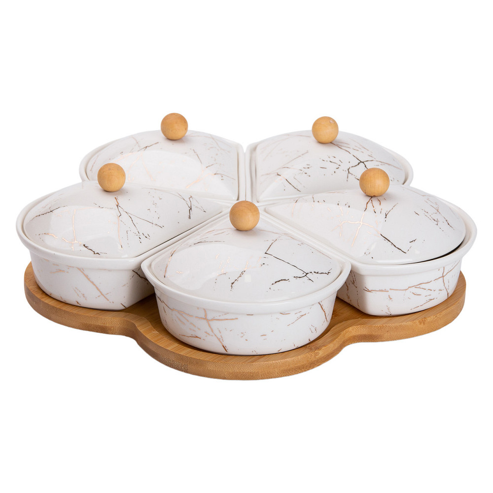 Yiwu Менажниця порцелянова на підставці, що обертається, 5 секцій біла HP-1217 Київ - фото 1