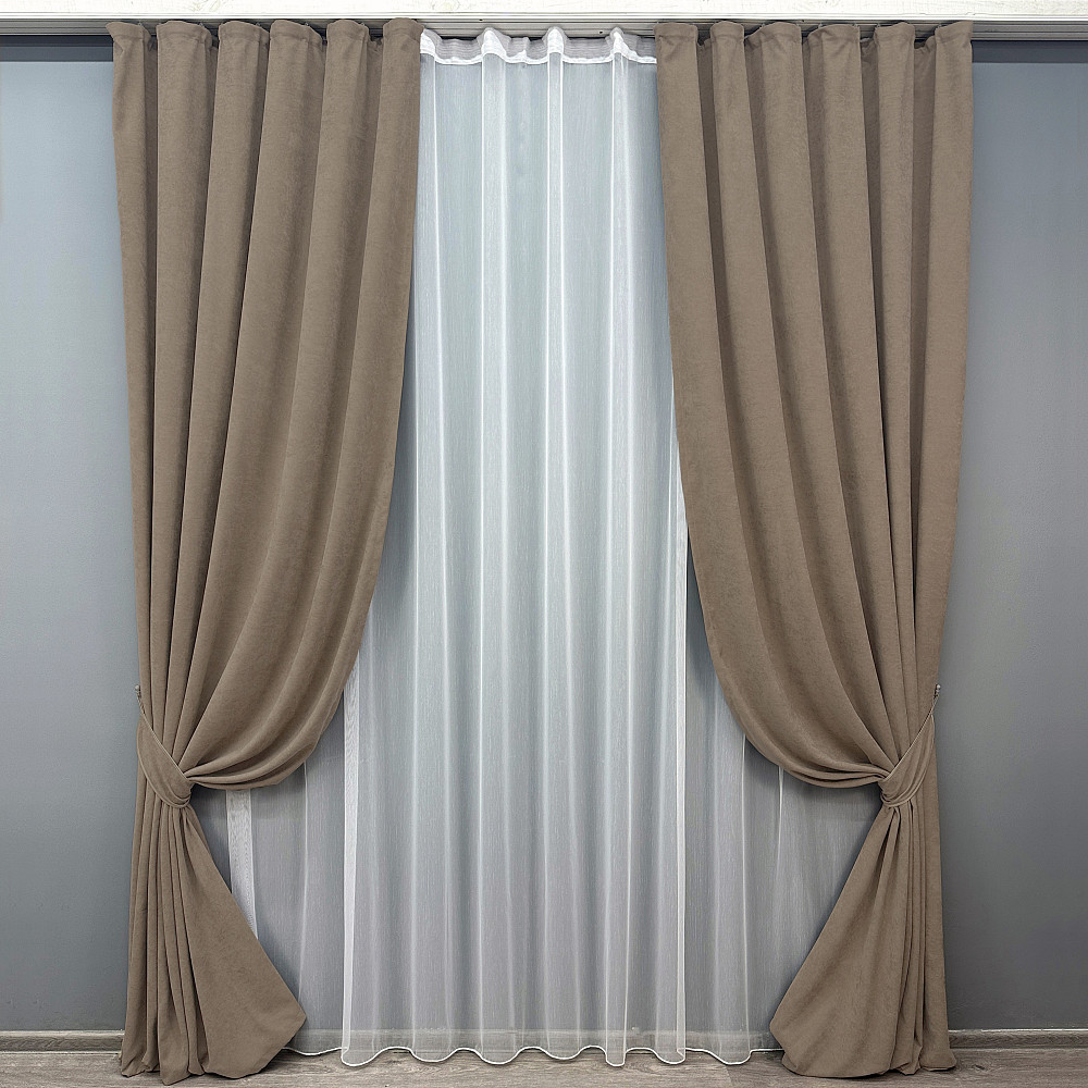 Комплект штор VR-Textil Микровелюр Petek 150х270 2шт и Тюль 400х270 1701ш-1153т Капучино с белым 71-055/3 Киев - изображение 9