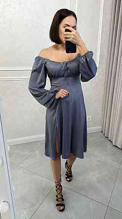 Жіноче святкове плаття з розрізом турецький жатий шовк Сталевий, 42/46 Одеса