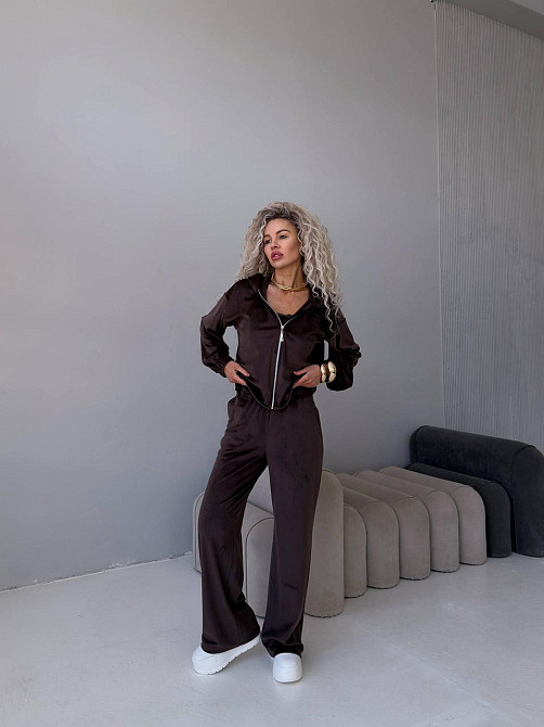 Жіночий велюровий костюм-трійка: кофта корсет і штани Шоколадний, 42/46 Одеса - фото 4