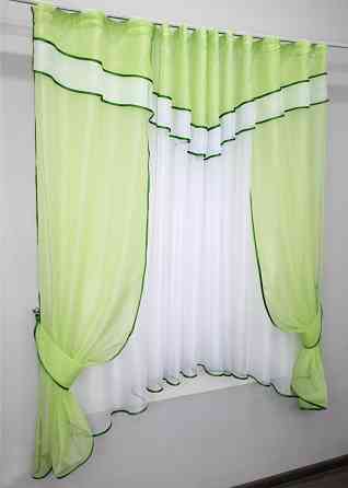 Кухонний комплект VR-Textil № 058к шторки і тюль з ламбрекеном салатовий з білим 270х170 см (50-497) Київ