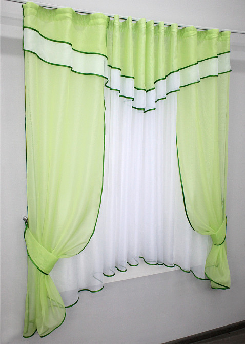 Кухонний комплект VR-Textil № 058к шторки і тюль з ламбрекеном салатовий з білим 270х170 см (50-497) Київ - фото 2