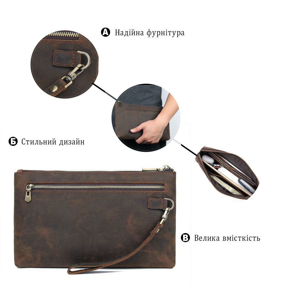 Красива барсетка чоловіча в шкірі Crazy horse Коричнева (Vintage) Київ - фото 8