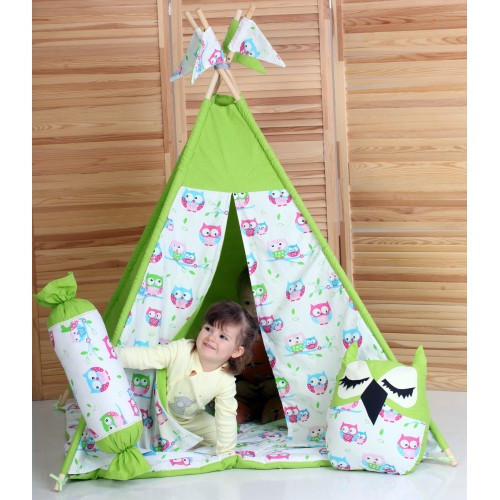 Вігвам Хатка комплект Сови салатовий із подушками — Великий 150*150 см Київ - фото 1