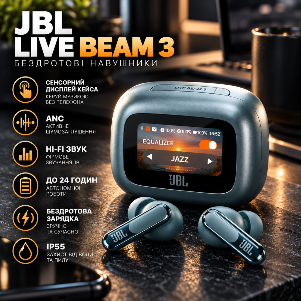 Бездротові навушники JBL Live Beam 3 Blue, Bluetooth 5.3, ANC, Hi-Res Audio, до 48 год, Smart Charging Case, сині Київ - фото 1