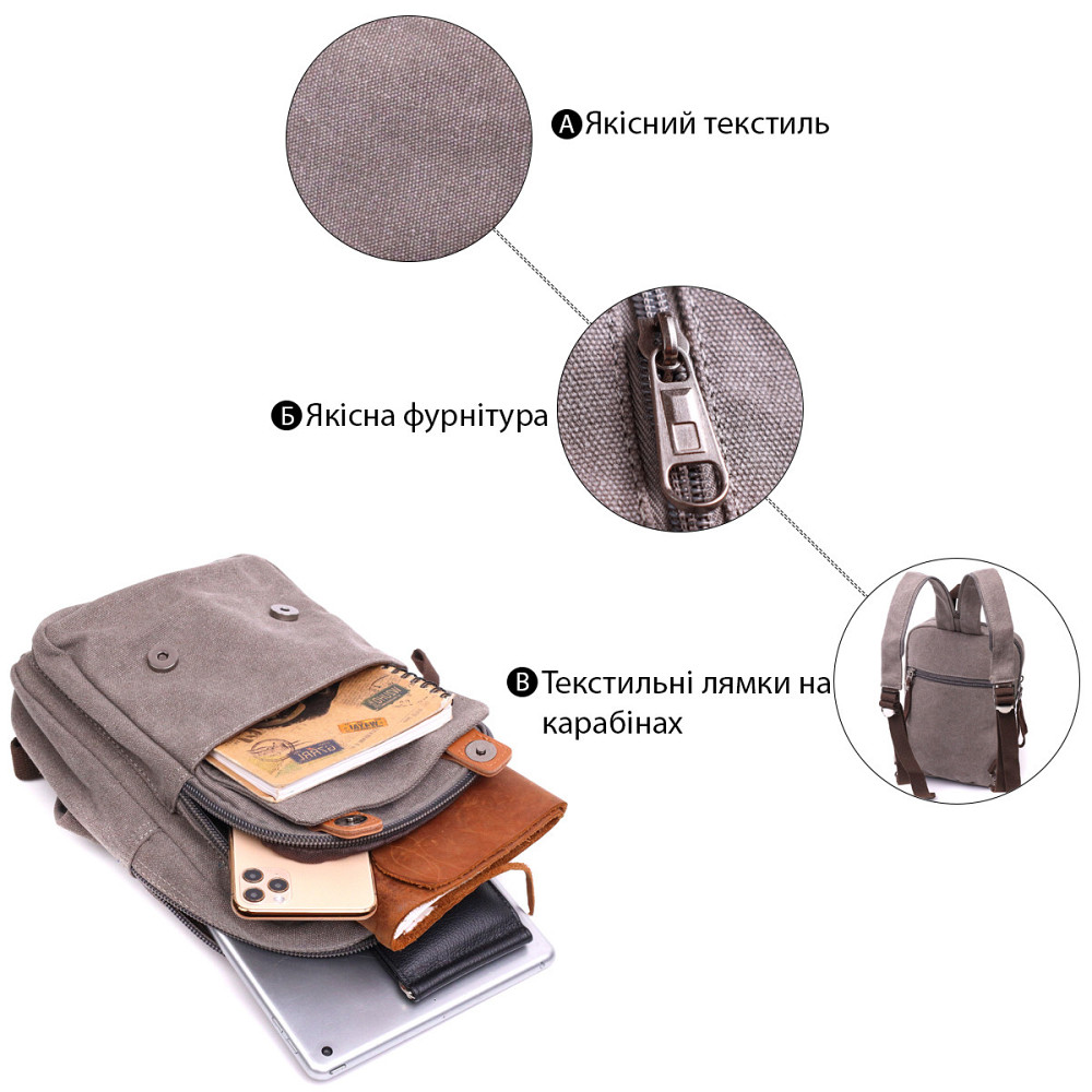 Оригинальная сумка-рюкзак с двумя отделениями из плотного текстиля Vintage 22161 Серый Киев - изображение 4