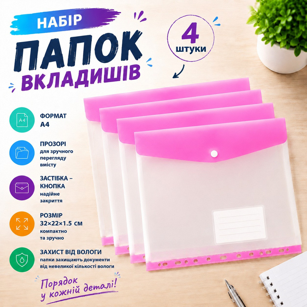 Набор папок-файлов с кнопкой для документов 4 шт формат А4 папка-конверт для фолдера папки-органайзеры прозрачные, розовый Каменец-Подольский - изображение 1