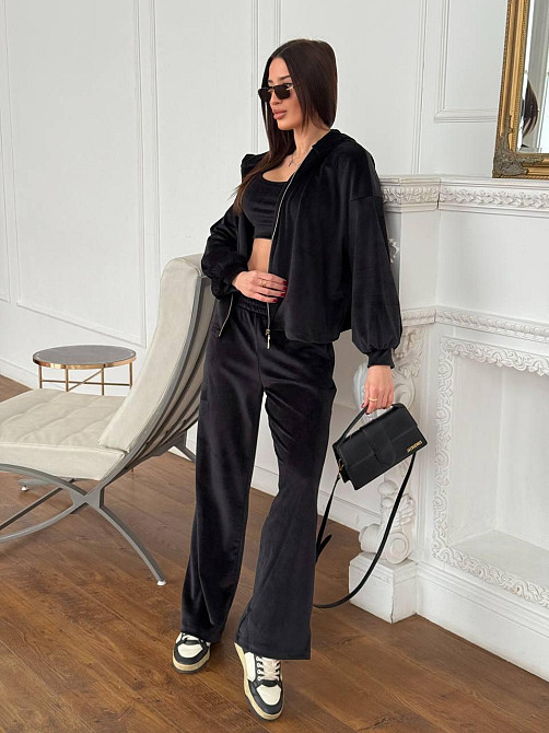 Женский повседневный костюм тройка: кофта, топ и брюки велюр Черный, 48/52 Одесса - изображение 3
