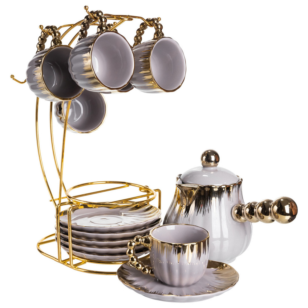 Кофейный сервиз с подставкой, 6 чашек, серый с золотом Киев - изображение 3